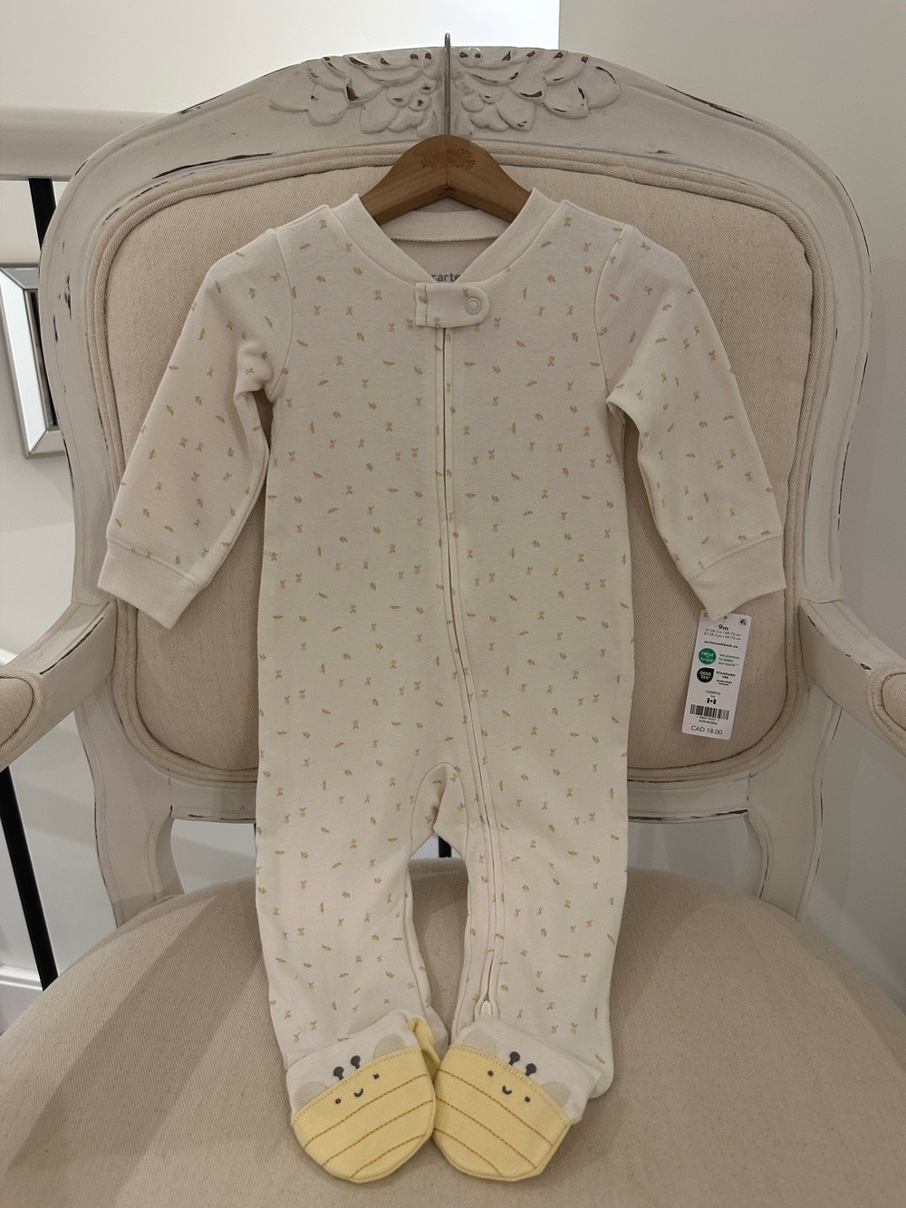 🐝 9 Mth Ivory~Cream and Yellow 100% Cotton Bee Print One-Piece Footie NWT